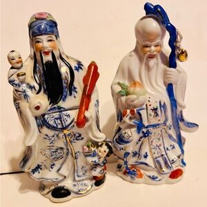 Vintage Set of (2) Chinese Blue & White Porcelain Shou & Fu Xing Figurines
